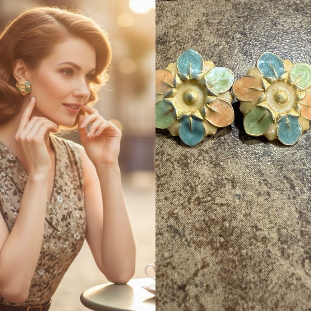 Vintage Enamel Flower Clip On Earrings Pastel Gold Tone 1950s